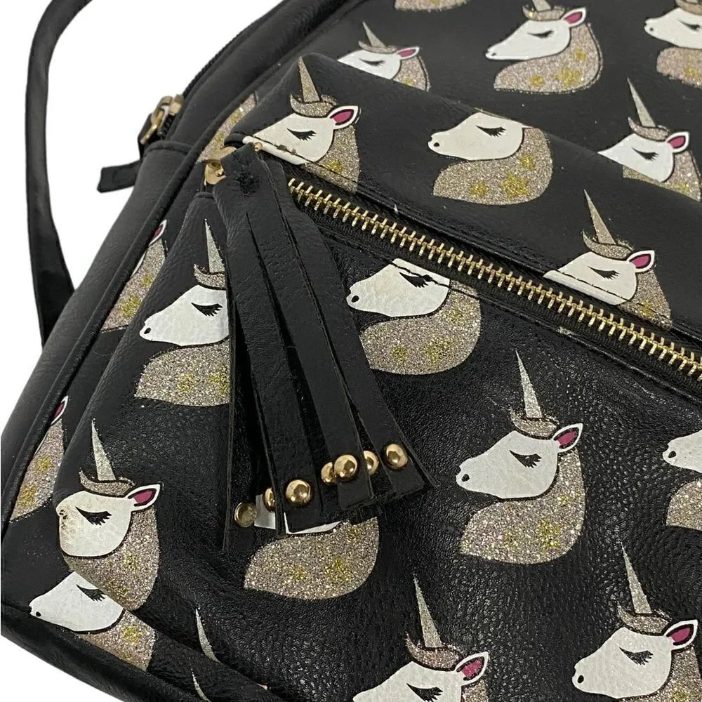 OMG Accessories Glitter Unicorn Black Backpack with Gold and White Accents